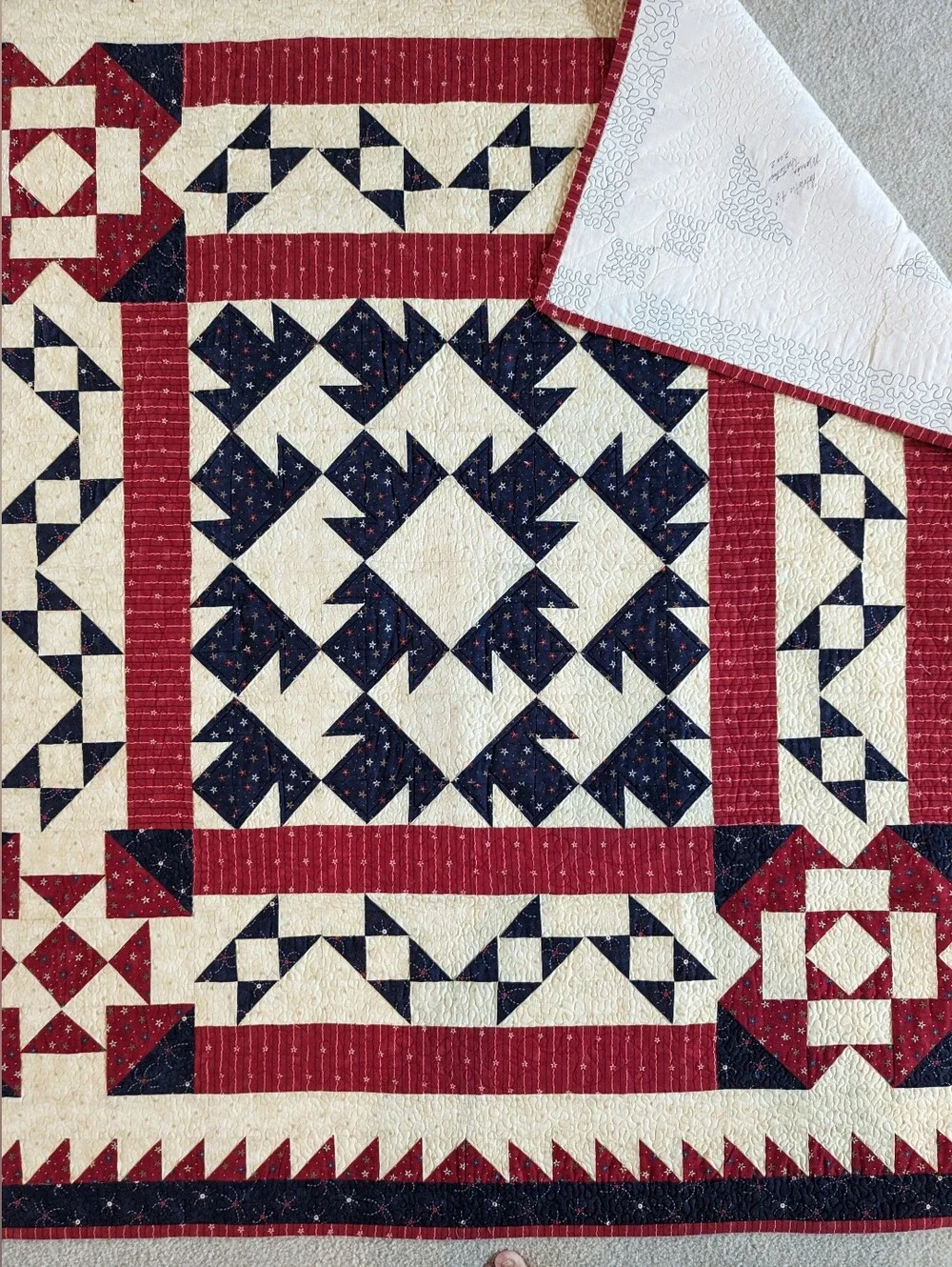 Patriotic Themed Quilt, Reds, Blues And Off-white Fabrics. Quilted And Signed